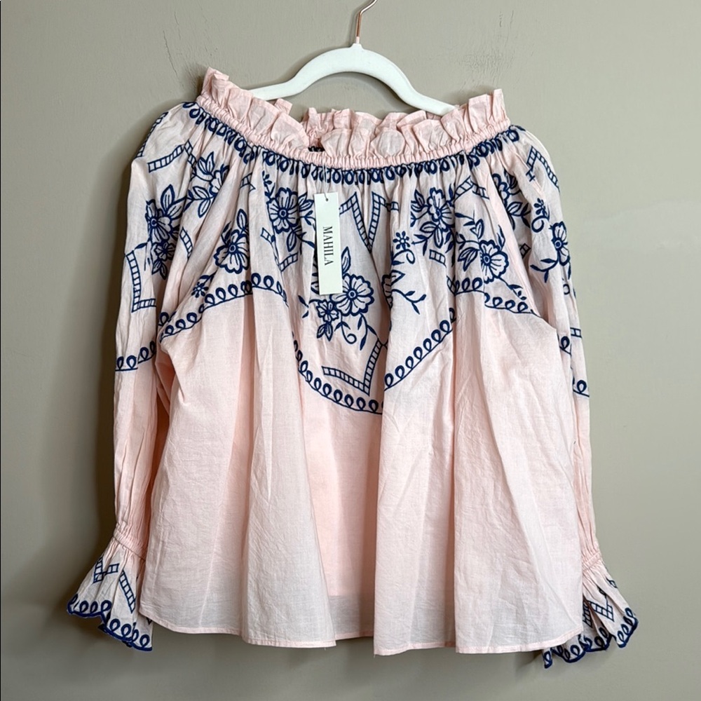 Mahila Carlin Blouse peachy cream with blue embroidery size M
